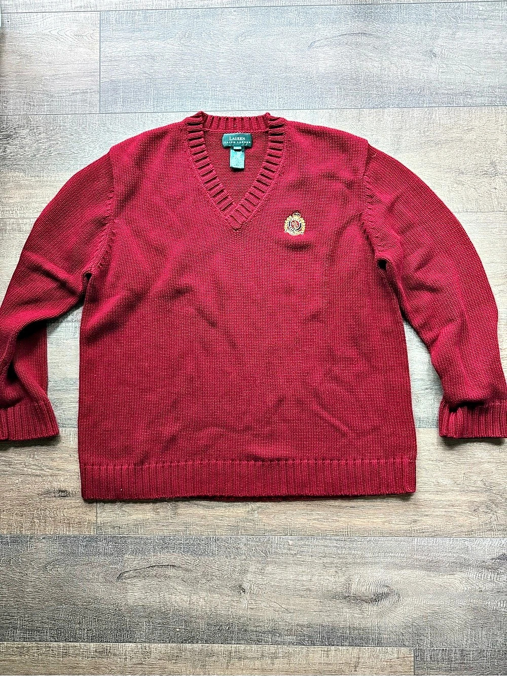 Vintage Ralph Lauren Red Cotton Crest V-Neck Sweater XL | Preppy Heritage